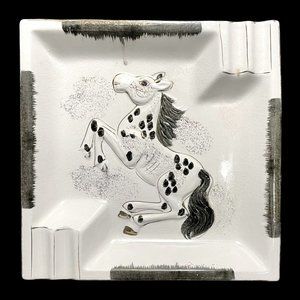 Vintage 1940s Dappled Horse Ashtray Japan Mid-Century Relief Ceramic B&W Gold